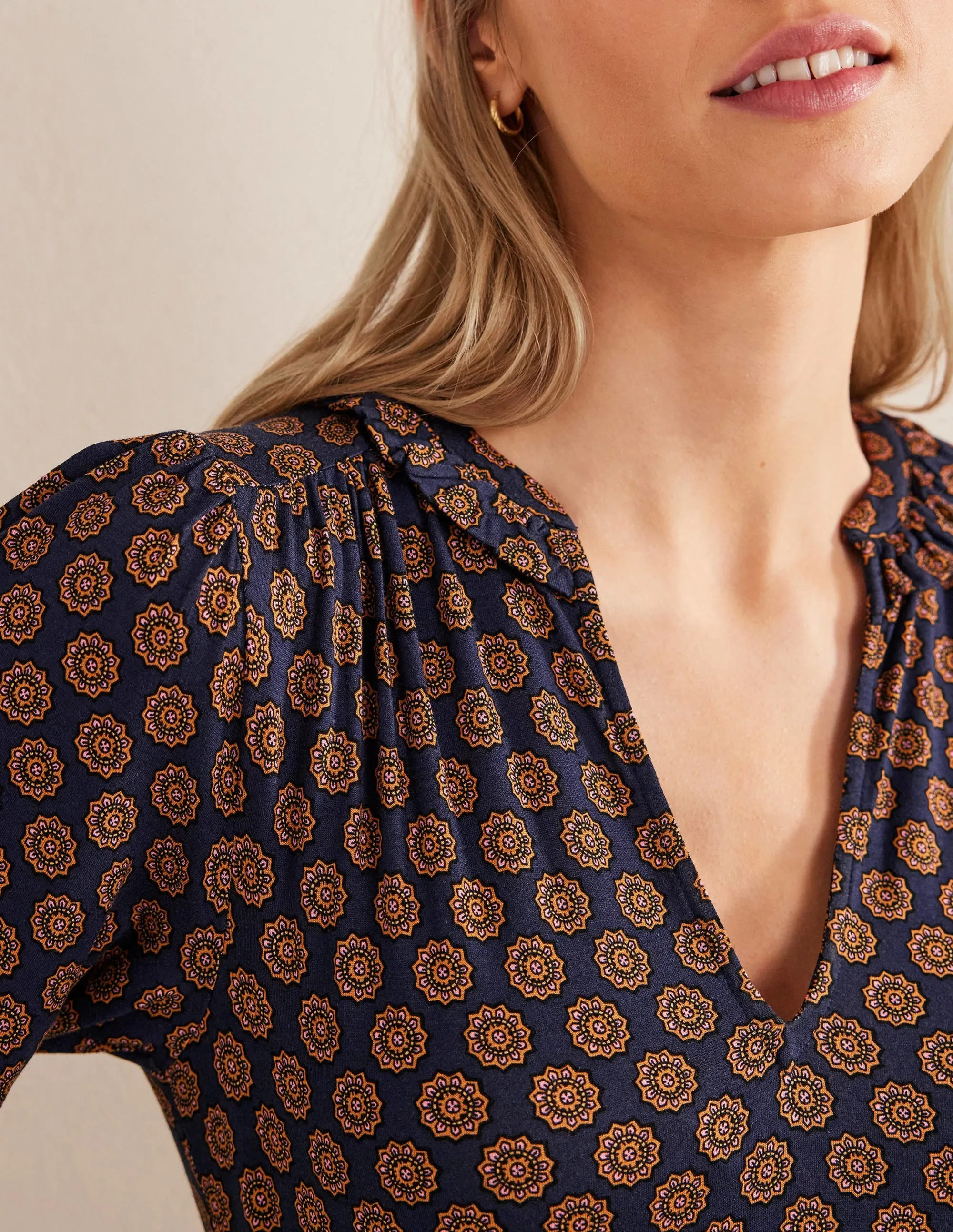 Notch Neck Jersey Dress-French Navy,  Sunflower Geo