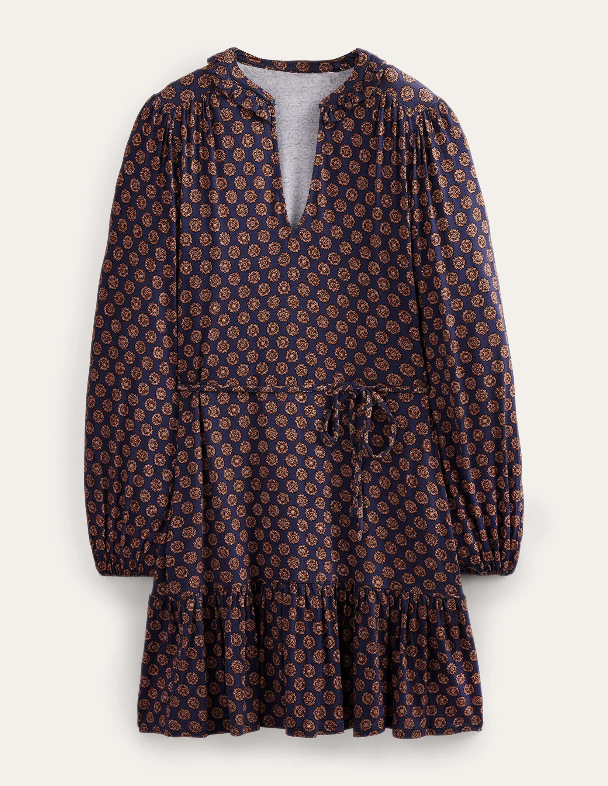 Notch Neck Jersey Dress-French Navy,  Sunflower Geo