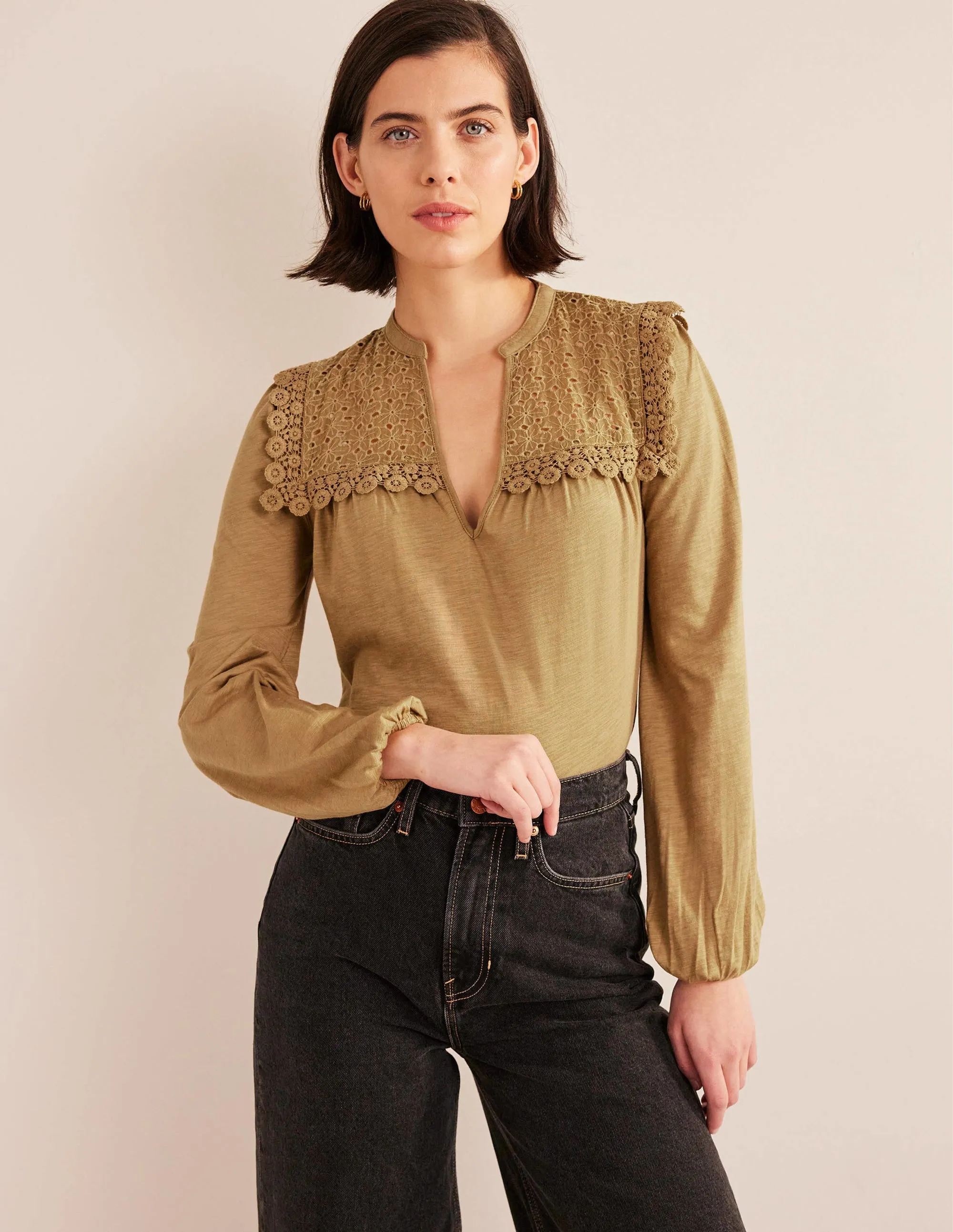 Notch Neck Woven Mix Top-Camel