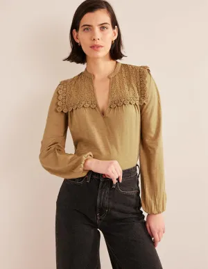 Notch Neck Woven Mix Top-Camel