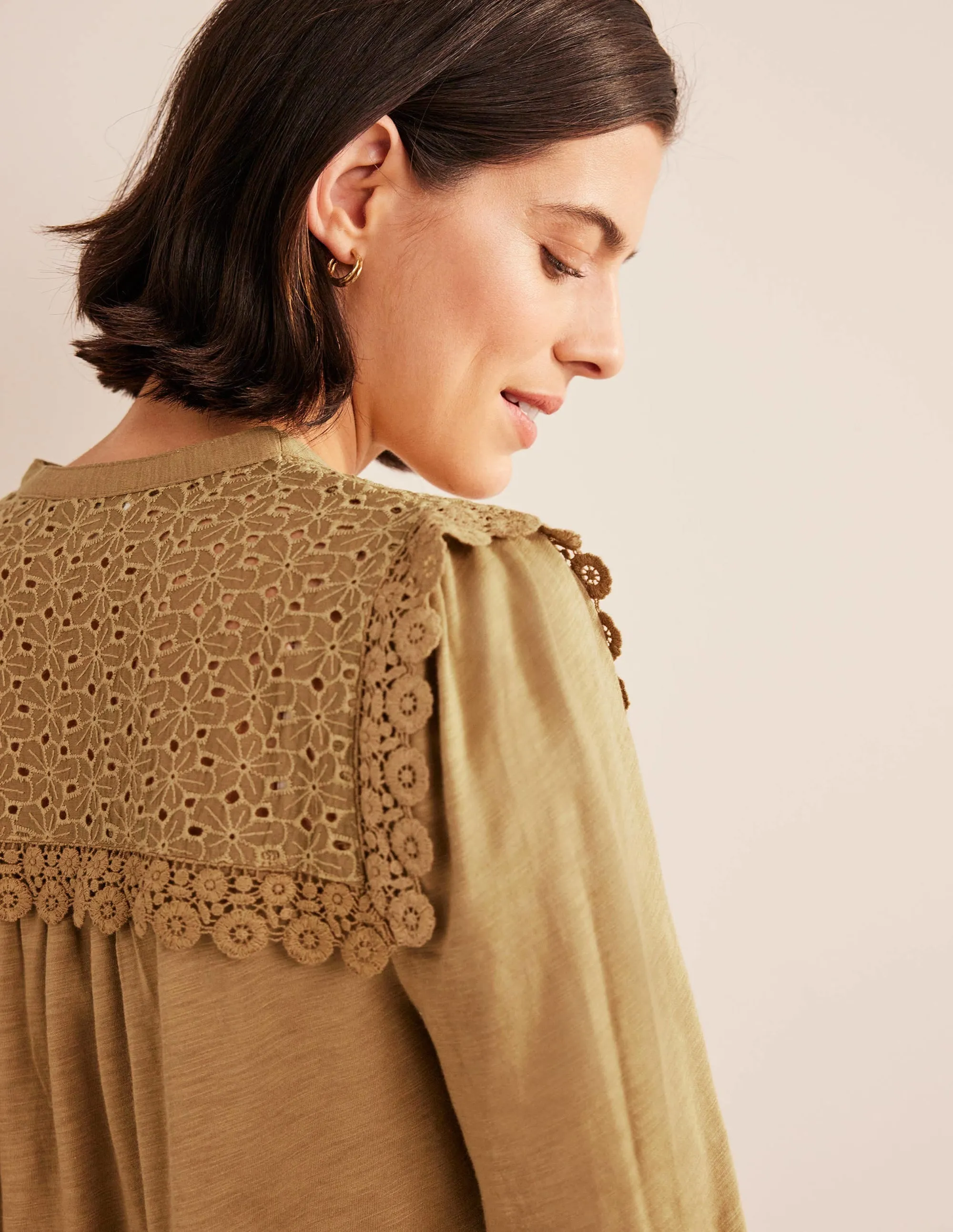 Notch Neck Woven Mix Top-Camel
