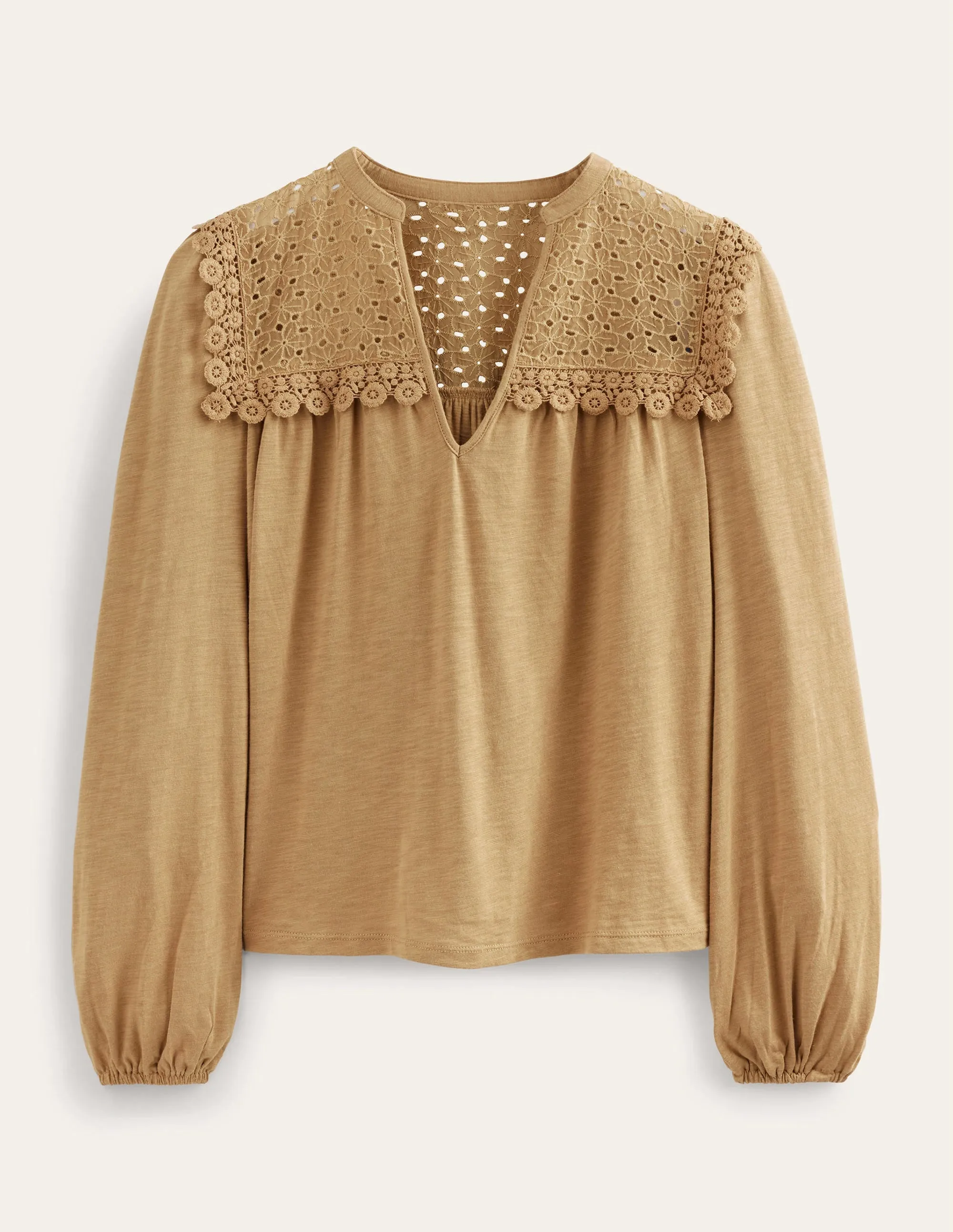 Notch Neck Woven Mix Top-Camel