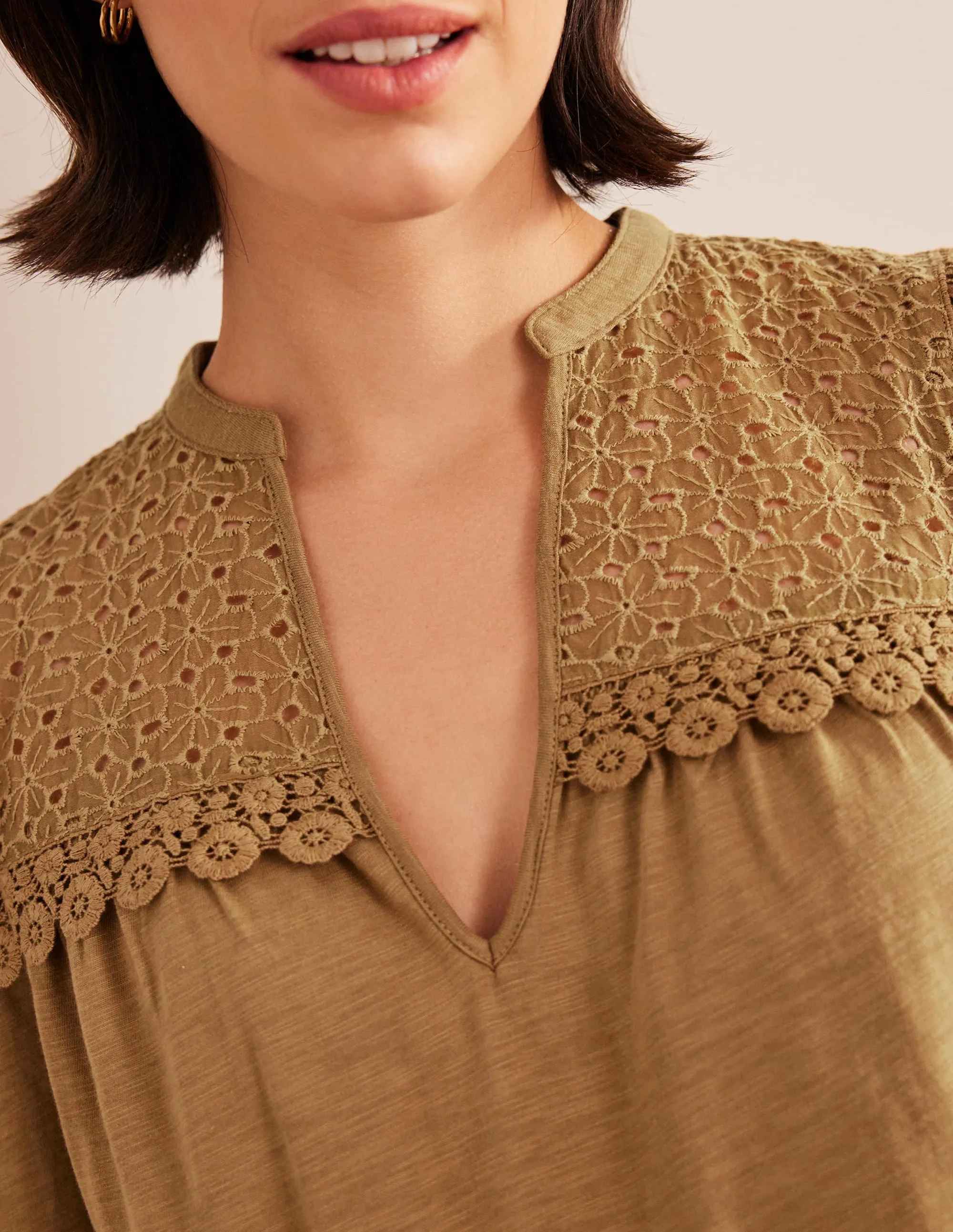 Notch Neck Woven Mix Top-Camel