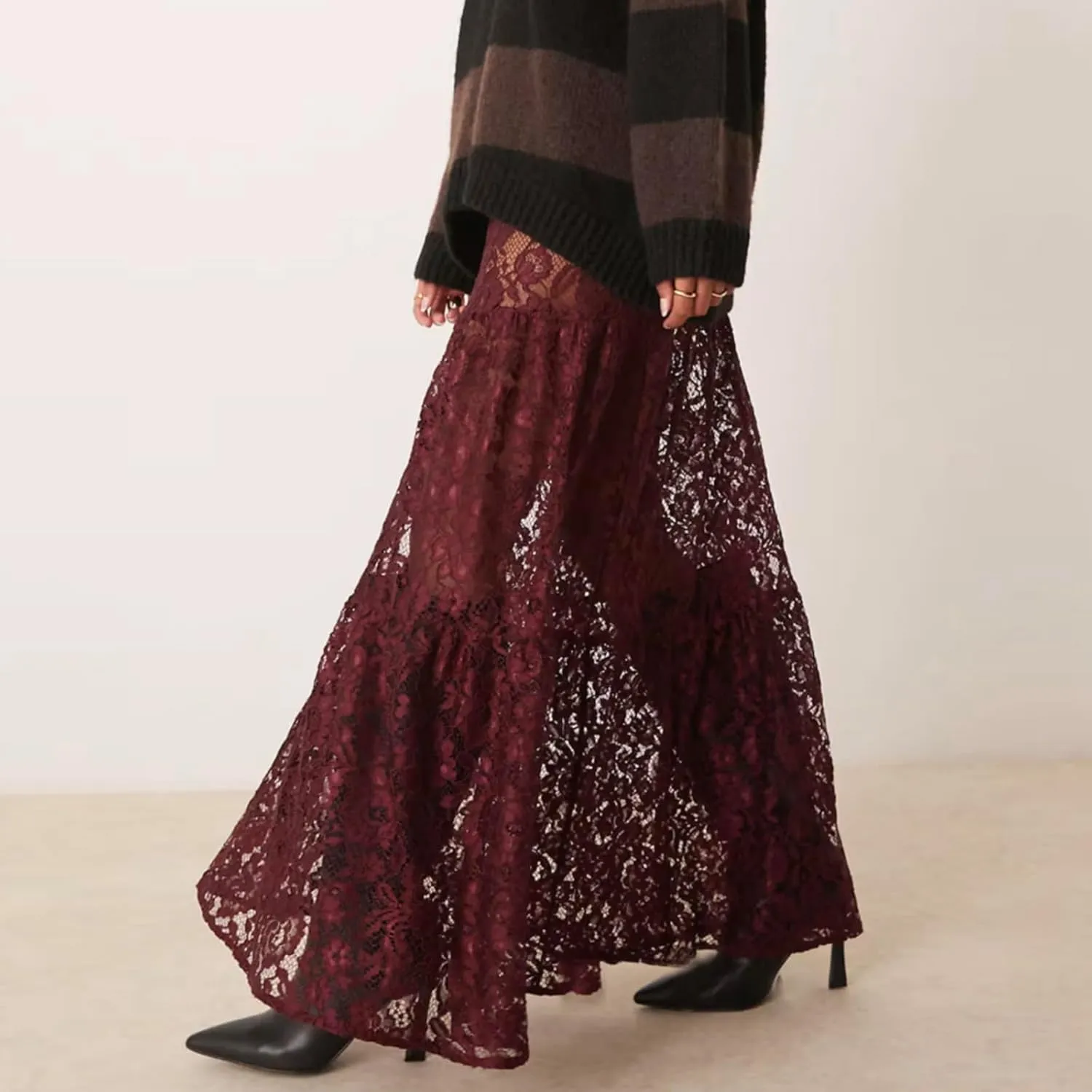 NUFIWI Women Lace Tiered Maxi Skirt Elastic Waist See Through A Line Flowy Slip Skirts Floral Lace Layering Long Skirt