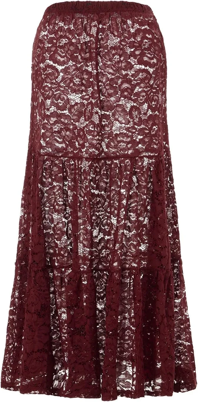 NUFIWI Women Lace Tiered Maxi Skirt Elastic Waist See Through A Line Flowy Slip Skirts Floral Lace Layering Long Skirt