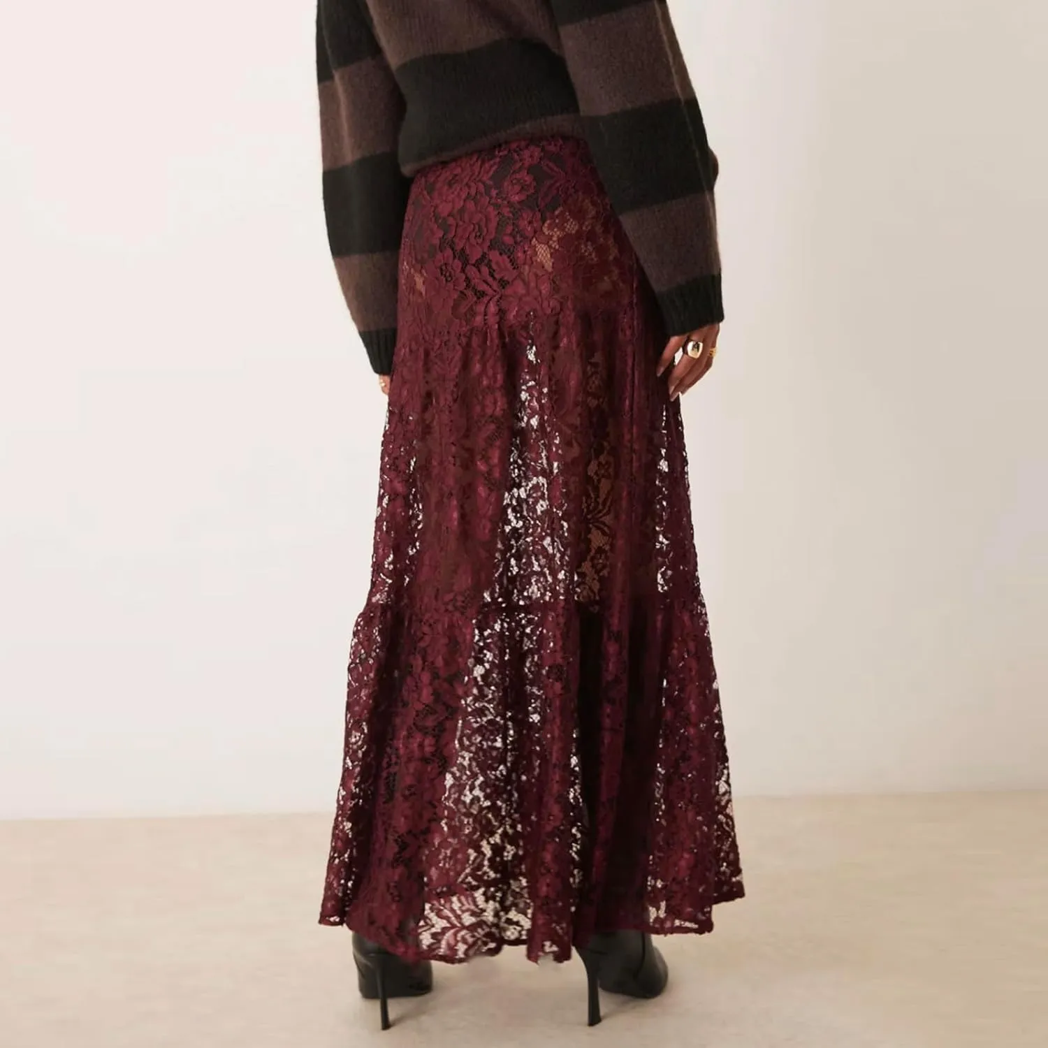 NUFIWI Women Lace Tiered Maxi Skirt Elastic Waist See Through A Line Flowy Slip Skirts Floral Lace Layering Long Skirt