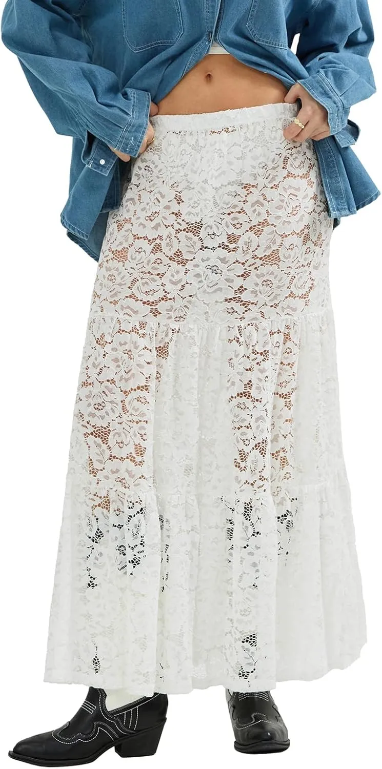 NUFIWI Women Lace Tiered Maxi Skirt Elastic Waist See Through A Line Flowy Slip Skirts Floral Lace Layering Long Skirt