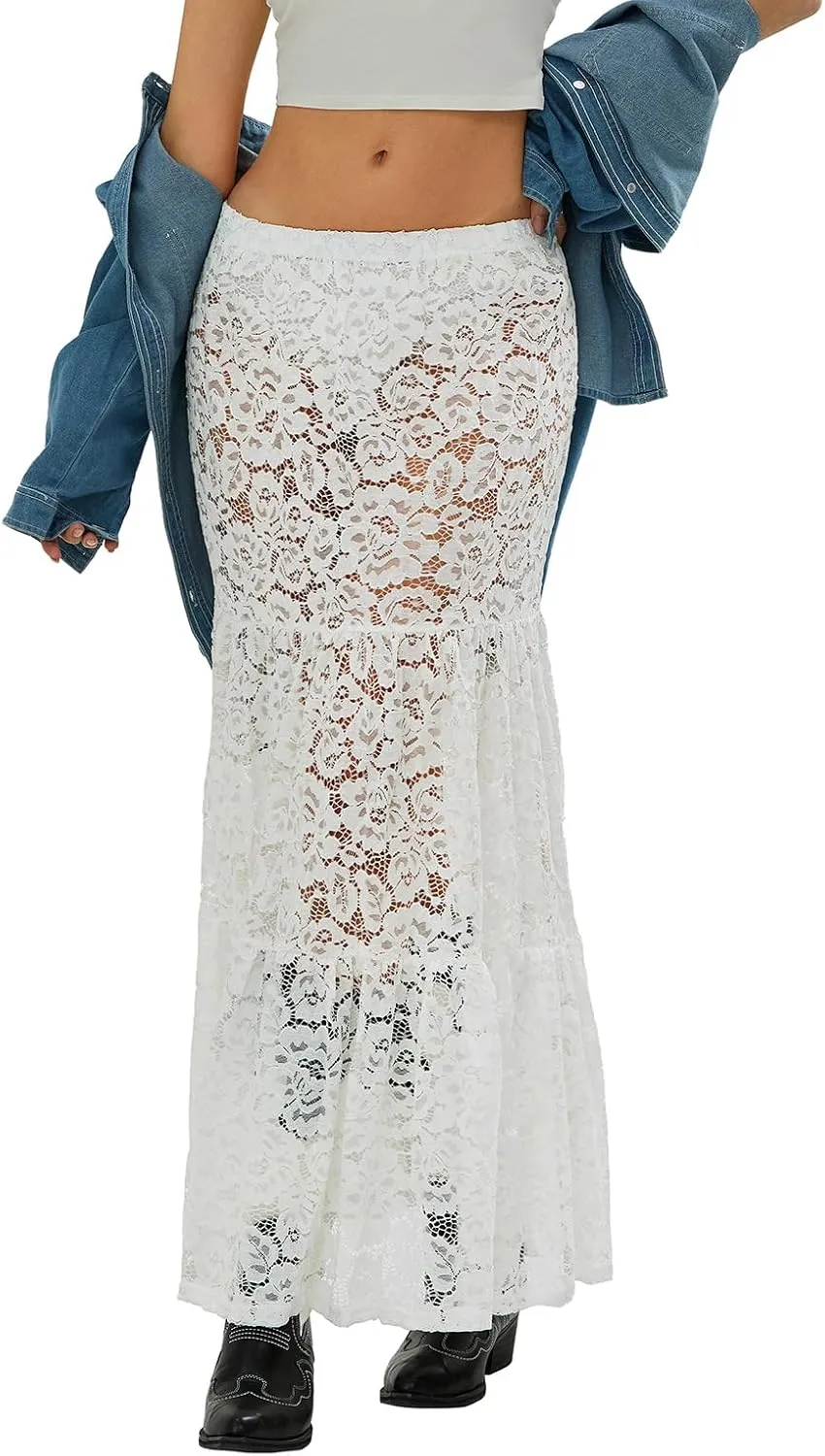 NUFIWI Women Lace Tiered Maxi Skirt Elastic Waist See Through A Line Flowy Slip Skirts Floral Lace Layering Long Skirt