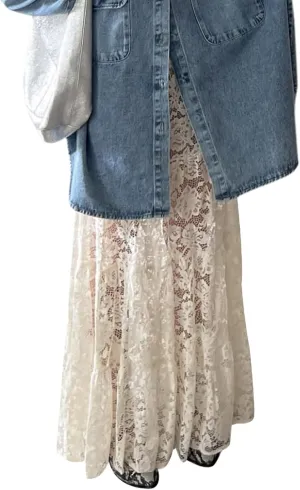NUFIWI Women Lace Tiered Maxi Skirt Elastic Waist See Through A Line Flowy Slip Skirts Floral Lace Layering Long Skirt
