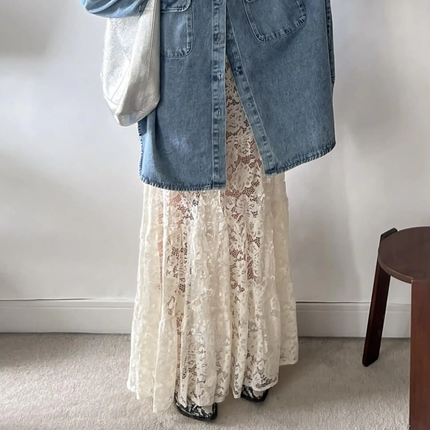 NUFIWI Women Lace Tiered Maxi Skirt Elastic Waist See Through A Line Flowy Slip Skirts Floral Lace Layering Long Skirt
