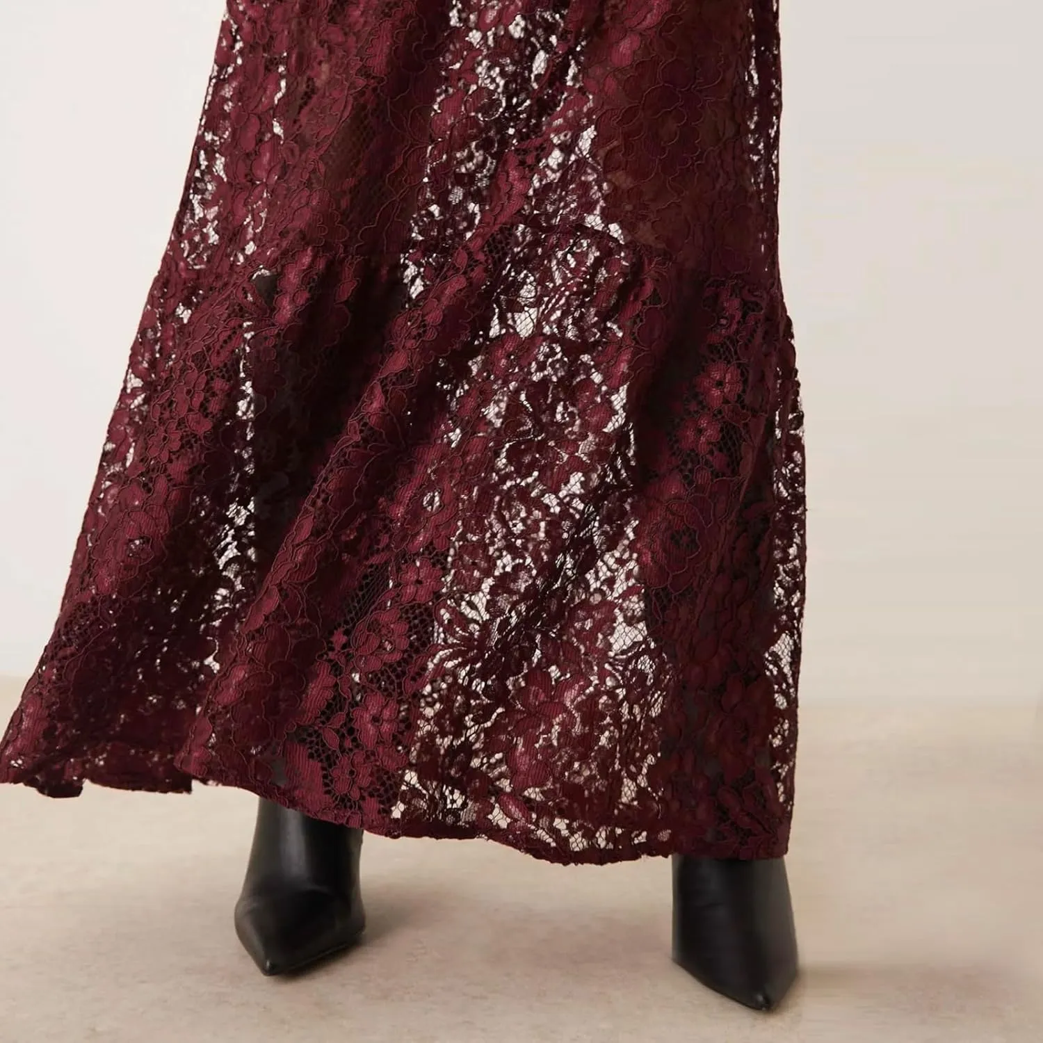 NUFIWI Women Lace Tiered Maxi Skirt Elastic Waist See Through A Line Flowy Slip Skirts Floral Lace Layering Long Skirt