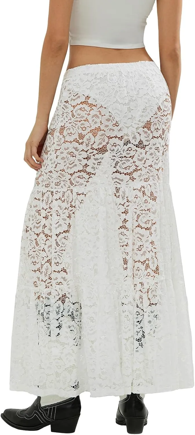NUFIWI Women Lace Tiered Maxi Skirt Elastic Waist See Through A Line Flowy Slip Skirts Floral Lace Layering Long Skirt