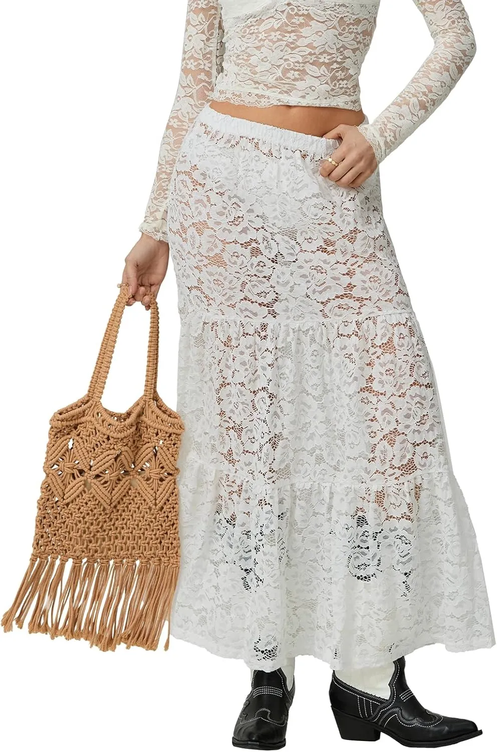 NUFIWI Women Lace Tiered Maxi Skirt Elastic Waist See Through A Line Flowy Slip Skirts Floral Lace Layering Long Skirt