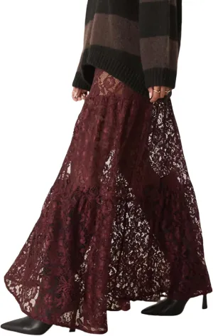 NUFIWI Women Lace Tiered Maxi Skirt Elastic Waist See Through A Line Flowy Slip Skirts Floral Lace Layering Long Skirt