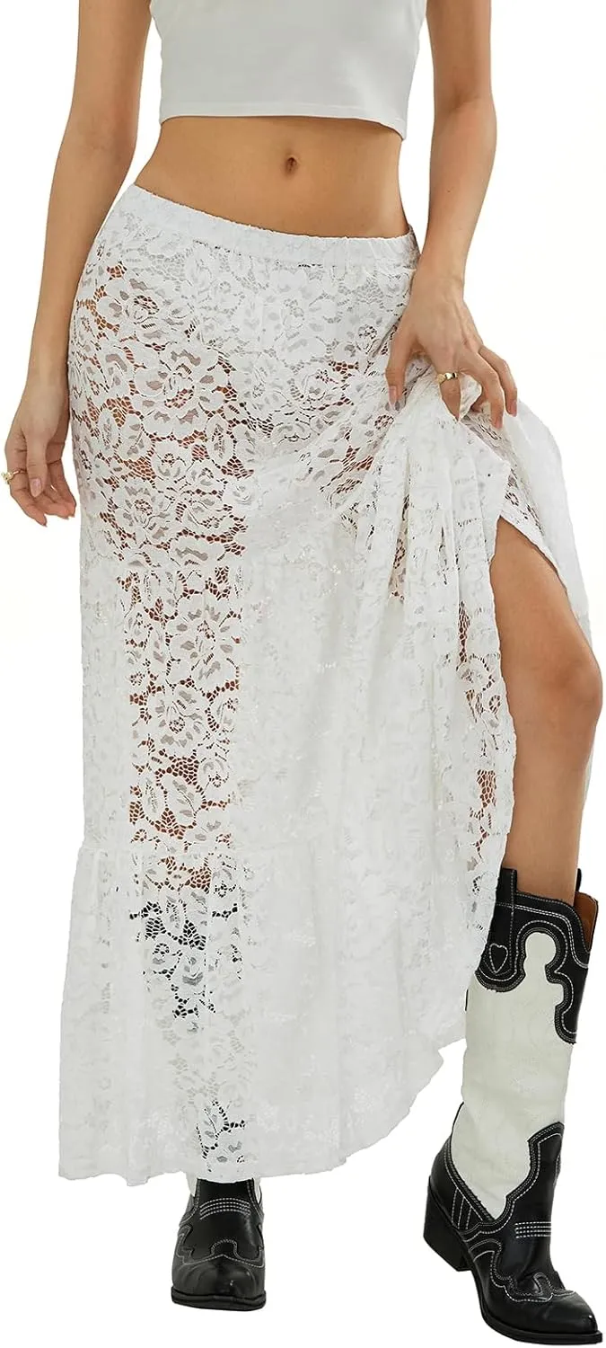NUFIWI Women Lace Tiered Maxi Skirt Elastic Waist See Through A Line Flowy Slip Skirts Floral Lace Layering Long Skirt
