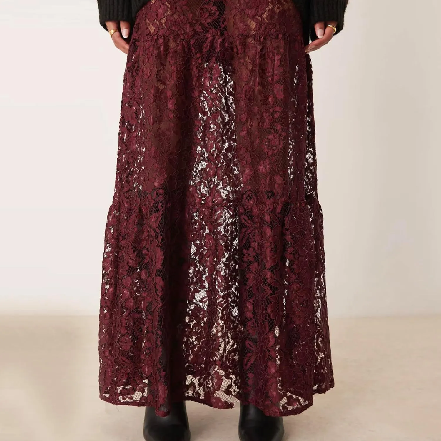 NUFIWI Women Lace Tiered Maxi Skirt Elastic Waist See Through A Line Flowy Slip Skirts Floral Lace Layering Long Skirt