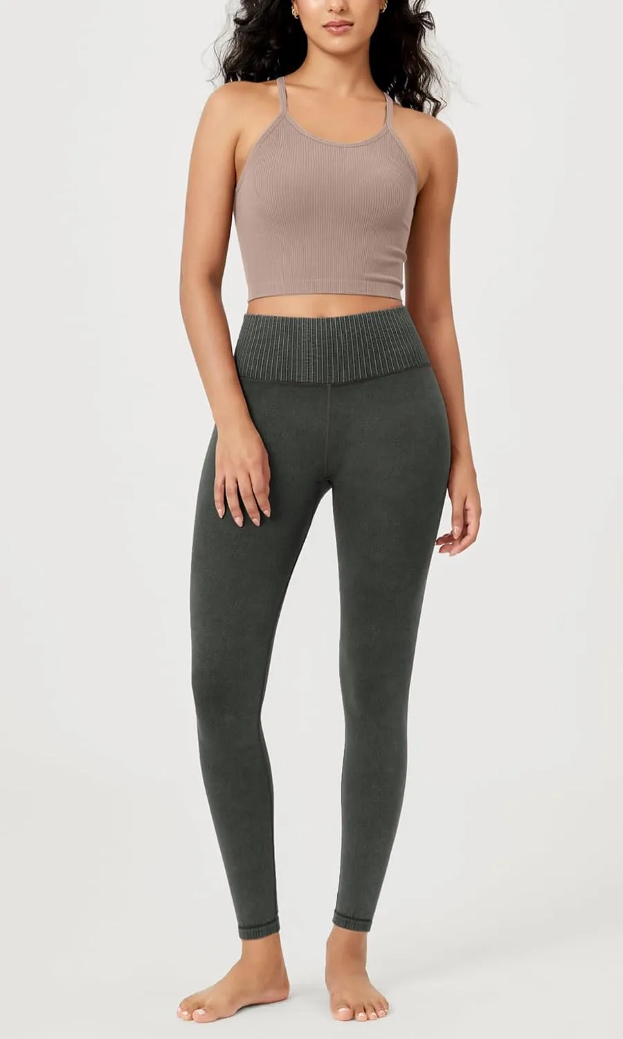 ODODOS Vintage 7/8 Length Seamless Leggings for Women Ribbed High Waist Casual Workout Gym Yoga Pants-25/28" Inseam