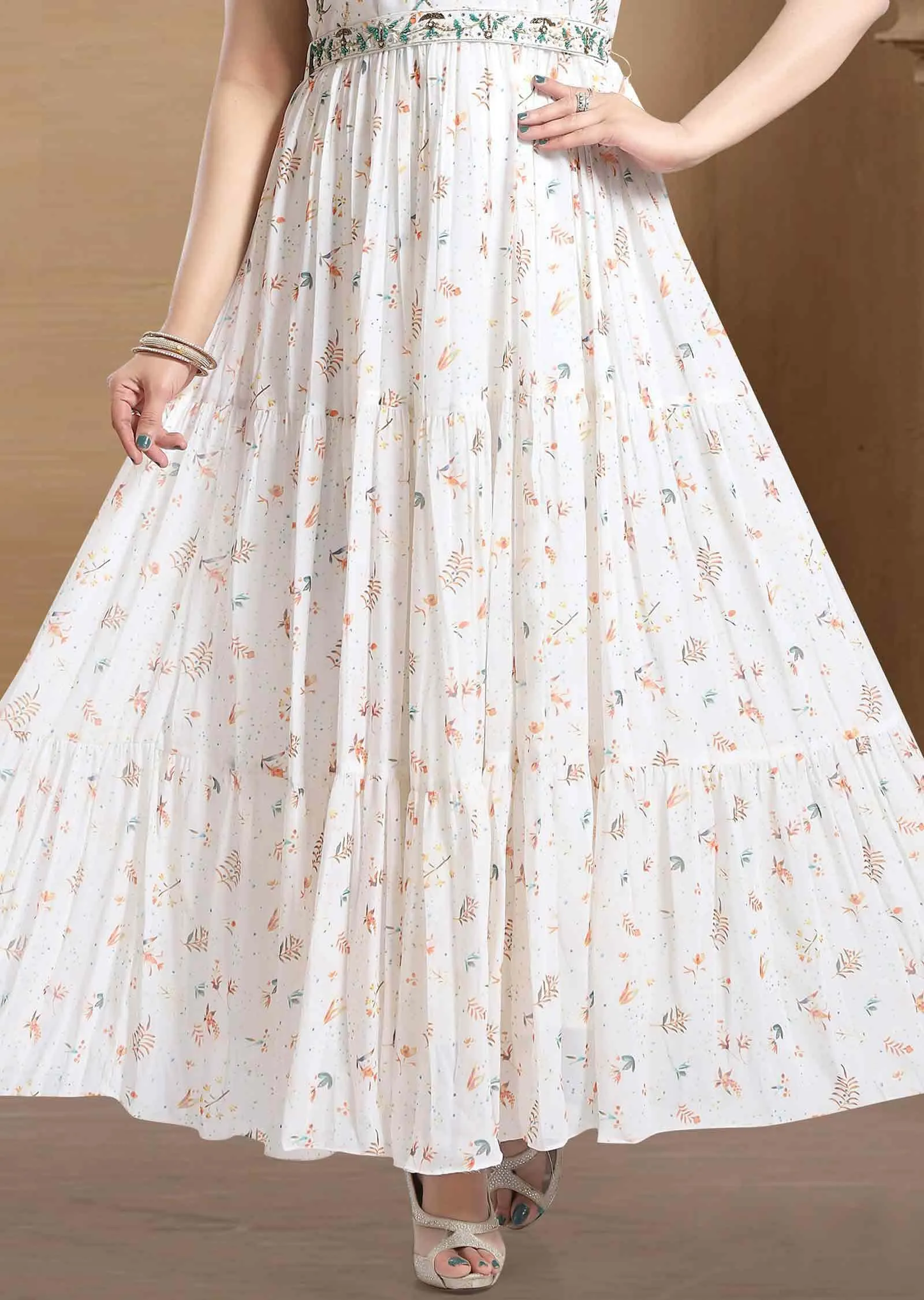 Off White Georgette Printed Full Length Kurti