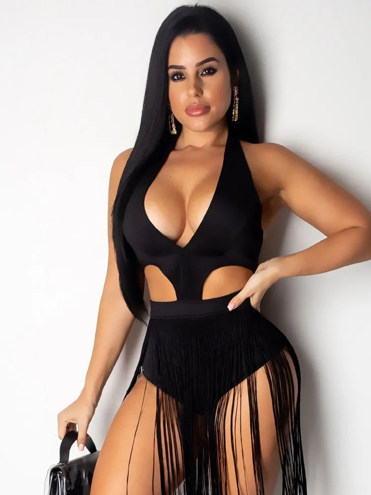 One Piece Swimsuit Solid Black Fringed Bathing Suit