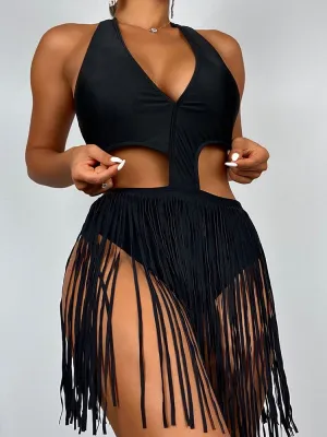 One Piece Swimsuit Solid Black Fringed Bathing Suit