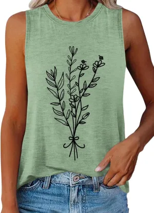 ORANDESIGNE Womens Flower Print Crewneck Tank Tops Graphic Curved Hem Sleeveless Tops Summer Casual Loose Fit Shirts