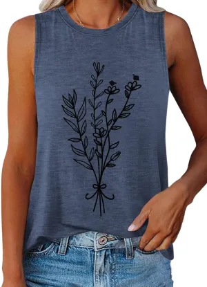 ORANDESIGNE Womens Flower Print Crewneck Tank Tops Graphic Curved Hem Sleeveless Tops Summer Casual Loose Fit Shirts