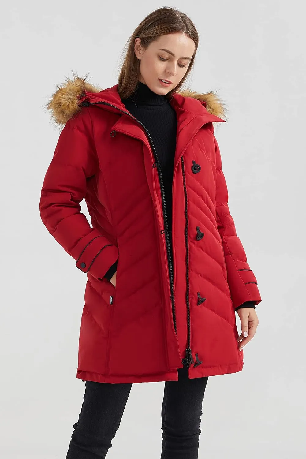 Orolay Women's Hooded Slim Puffer Jacket Quilted Mid Length Winter Down Coat