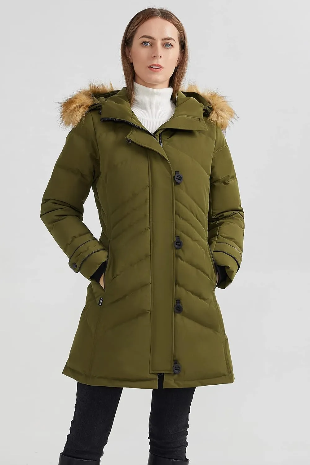 Orolay Women's Hooded Slim Puffer Jacket Quilted Mid Length Winter Down Coat