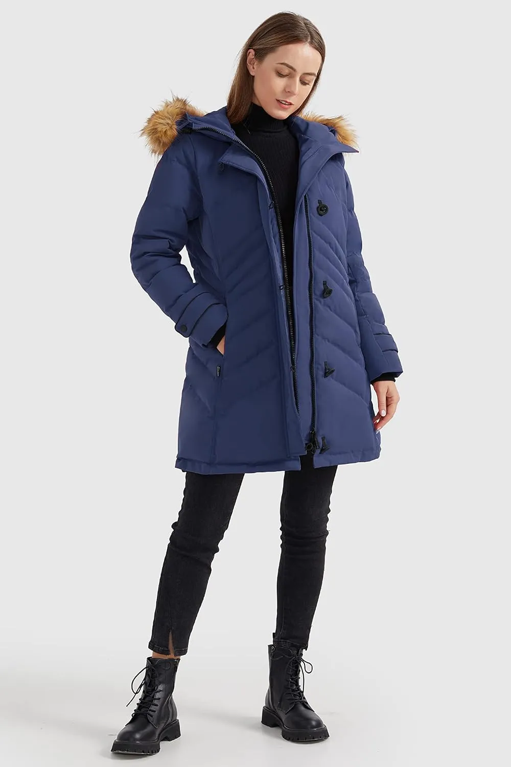 Orolay Women's Hooded Slim Puffer Jacket Quilted Mid Length Winter Down Coat