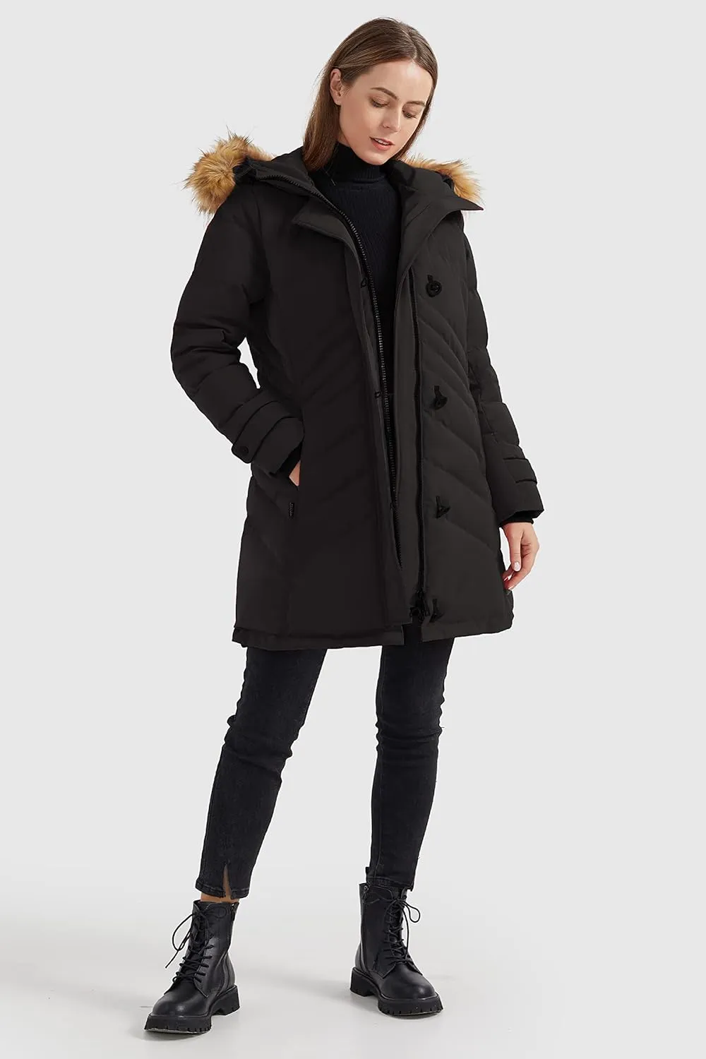 Orolay Women's Hooded Slim Puffer Jacket Quilted Mid Length Winter Down Coat