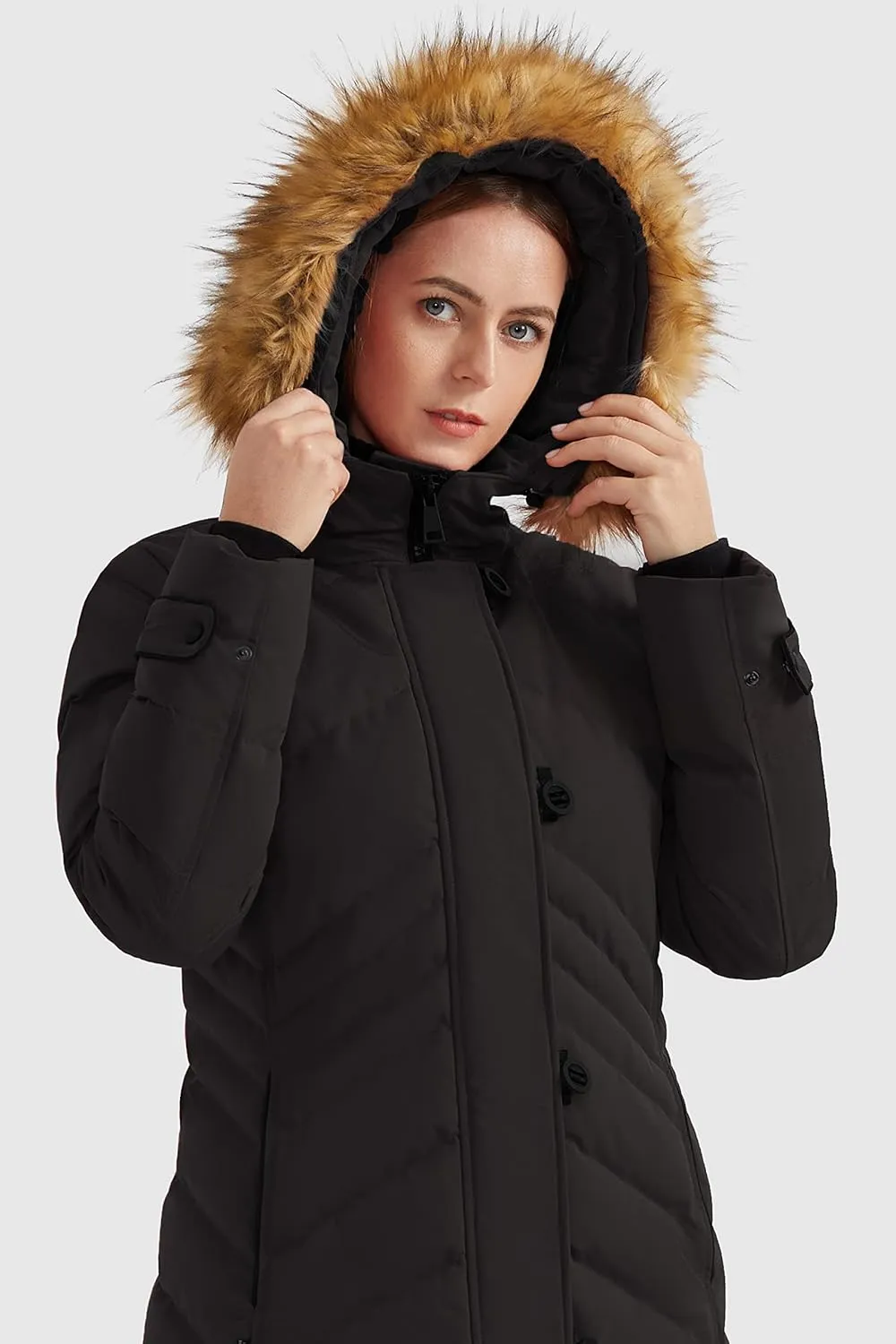 Orolay Women's Hooded Slim Puffer Jacket Quilted Mid Length Winter Down Coat