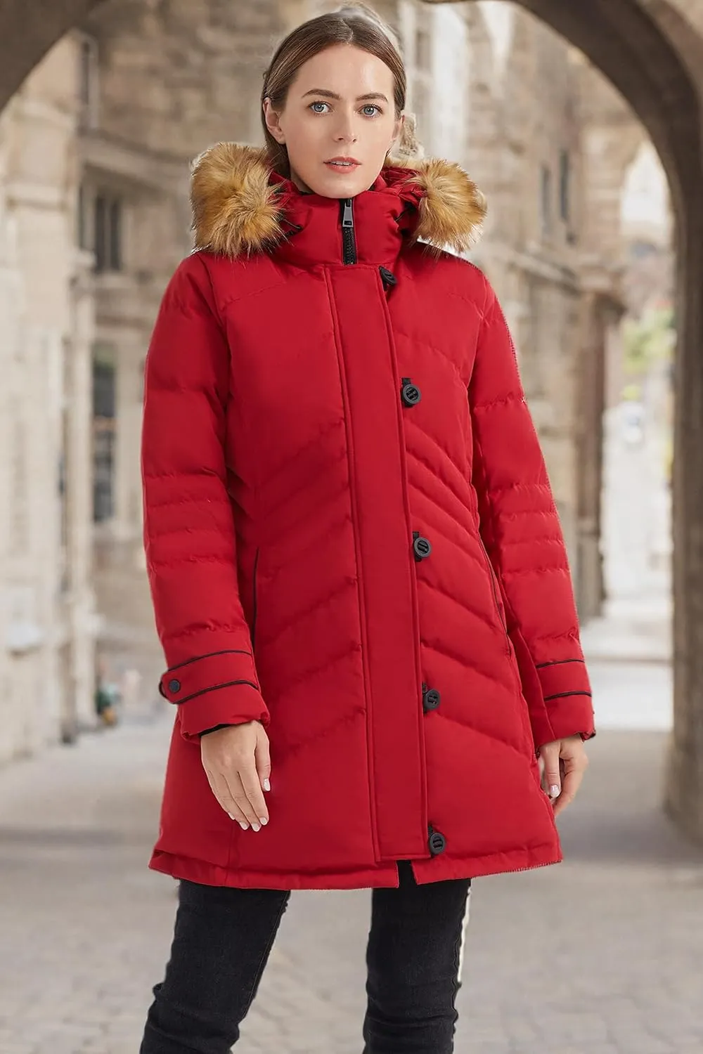 Orolay Women's Hooded Slim Puffer Jacket Quilted Mid Length Winter Down Coat