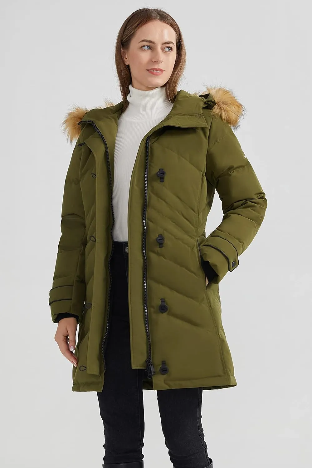 Orolay Women's Hooded Slim Puffer Jacket Quilted Mid Length Winter Down Coat
