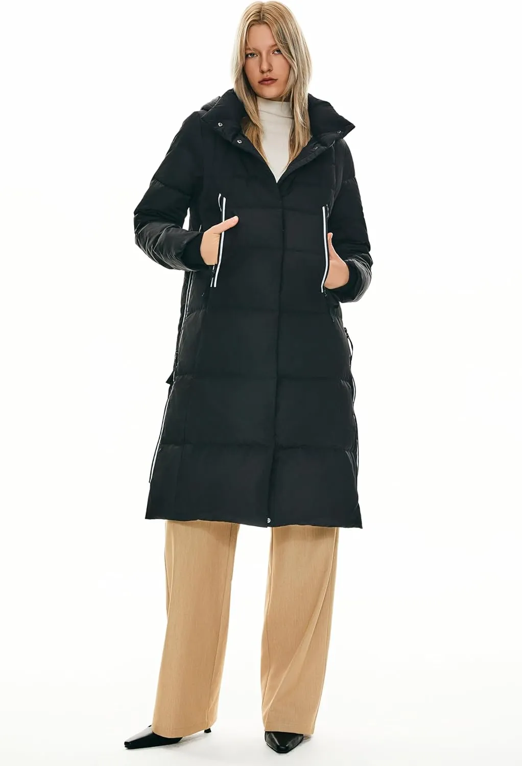 Orolay Women's Thickened Long Down Jacket Winter Down Coat Hooded Puffer Jacket with Side Zipper
