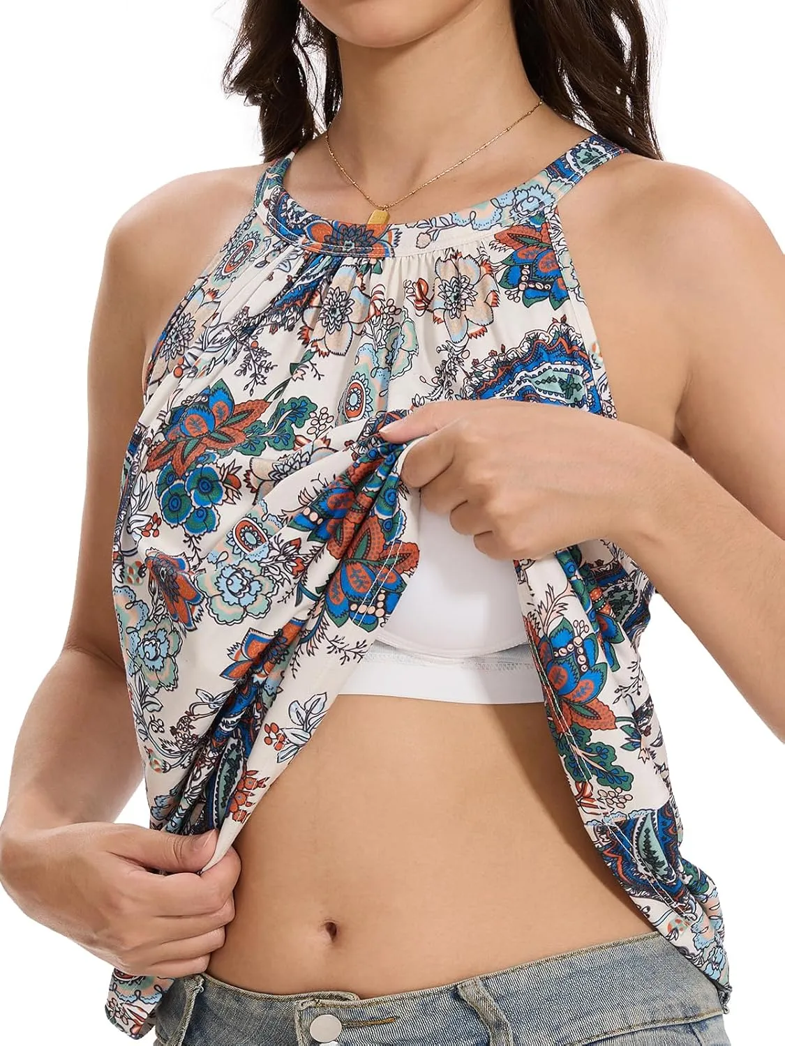 Orrpally Women Tank Tops Built in Bra Halter Tank Top Flowy Sleevless Padded Tank Top
