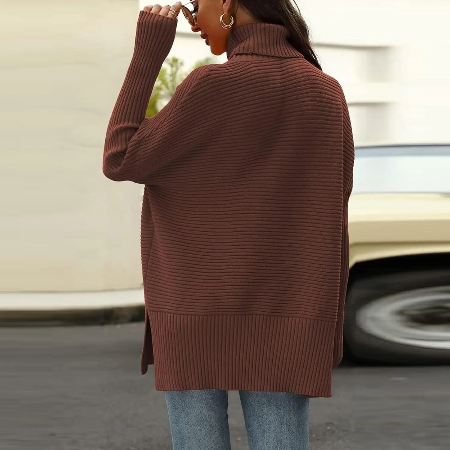 Oversized Sweaters for Women Turtleneck Bat-Wing Long Sleeve Ribbed Pullover Cozy Baggy Sweater 2024 Fall Outfits