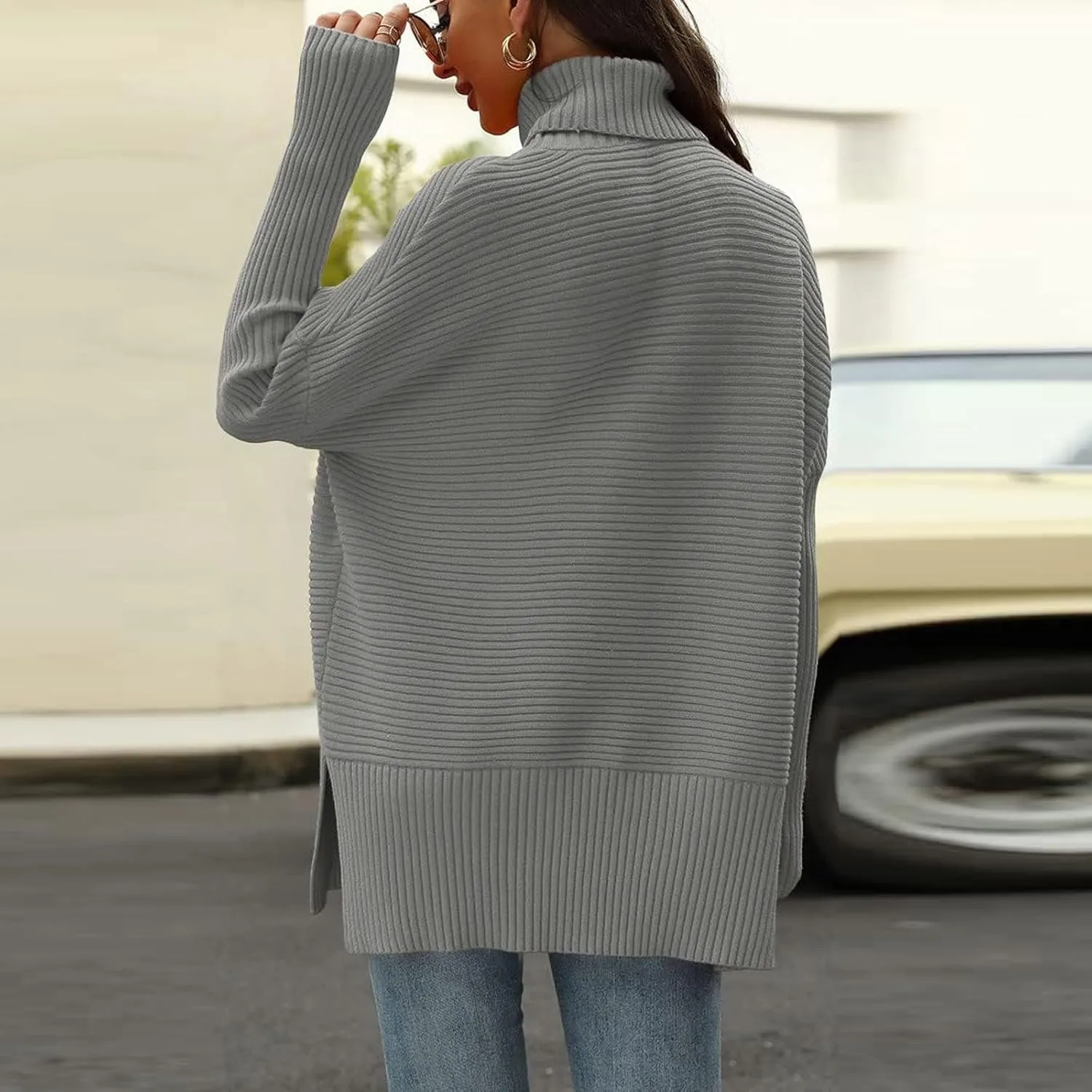 Oversized Sweaters for Women Turtleneck Bat-Wing Long Sleeve Ribbed Pullover Cozy Baggy Sweater 2024 Fall Outfits