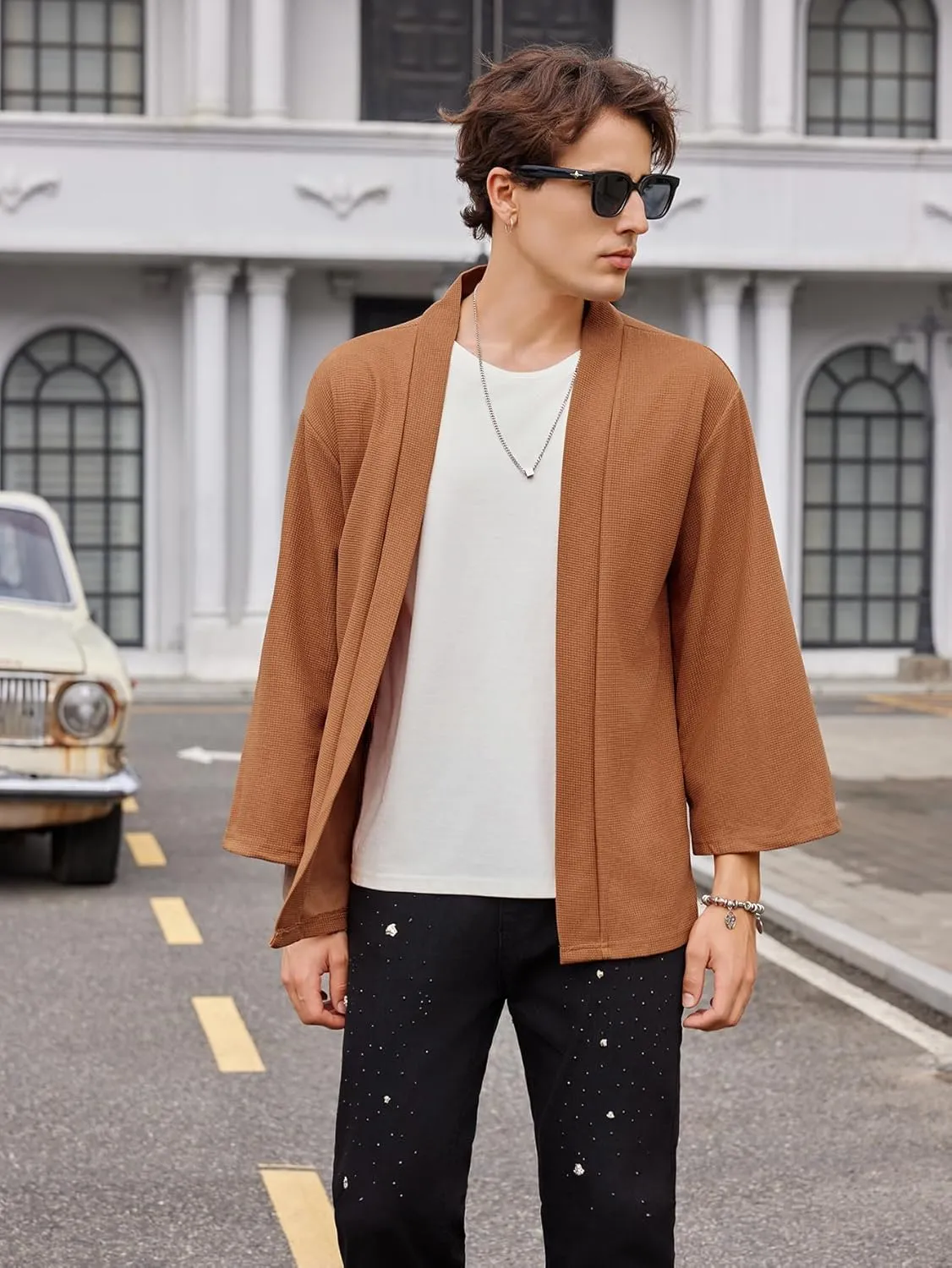 OYOANGLE Men's Japanese Rib Knit Kimono Cardigan Jackets Long Sleeve Open Front Coat Yukata Outwear