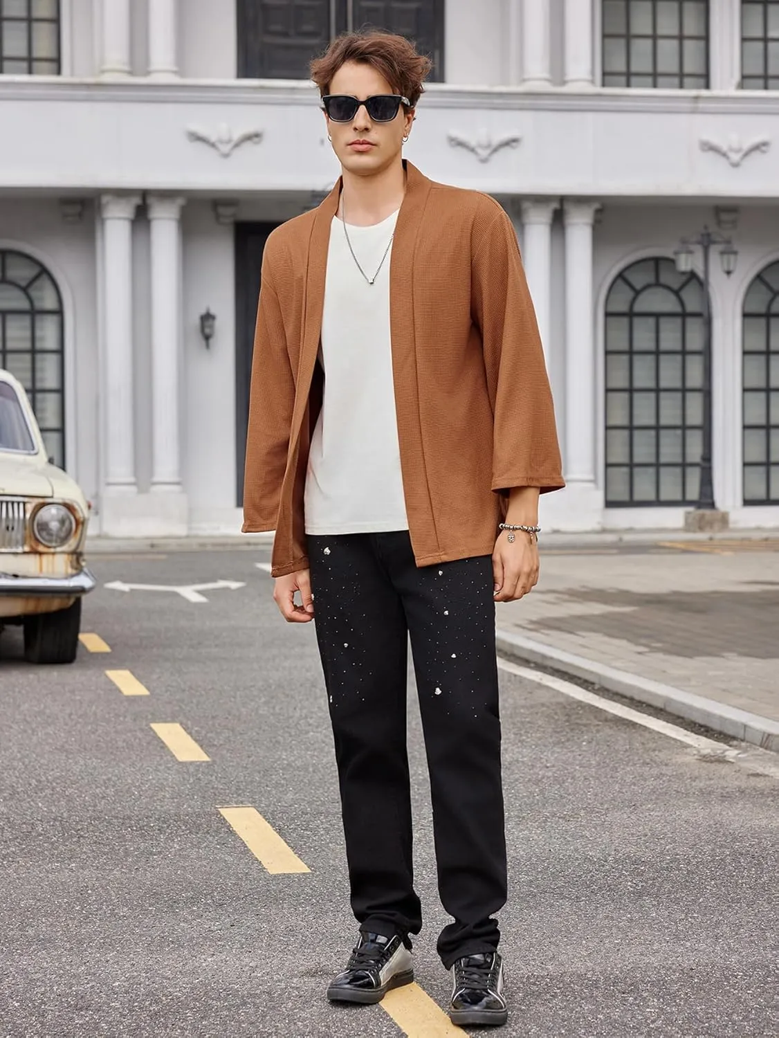 OYOANGLE Men's Japanese Rib Knit Kimono Cardigan Jackets Long Sleeve Open Front Coat Yukata Outwear