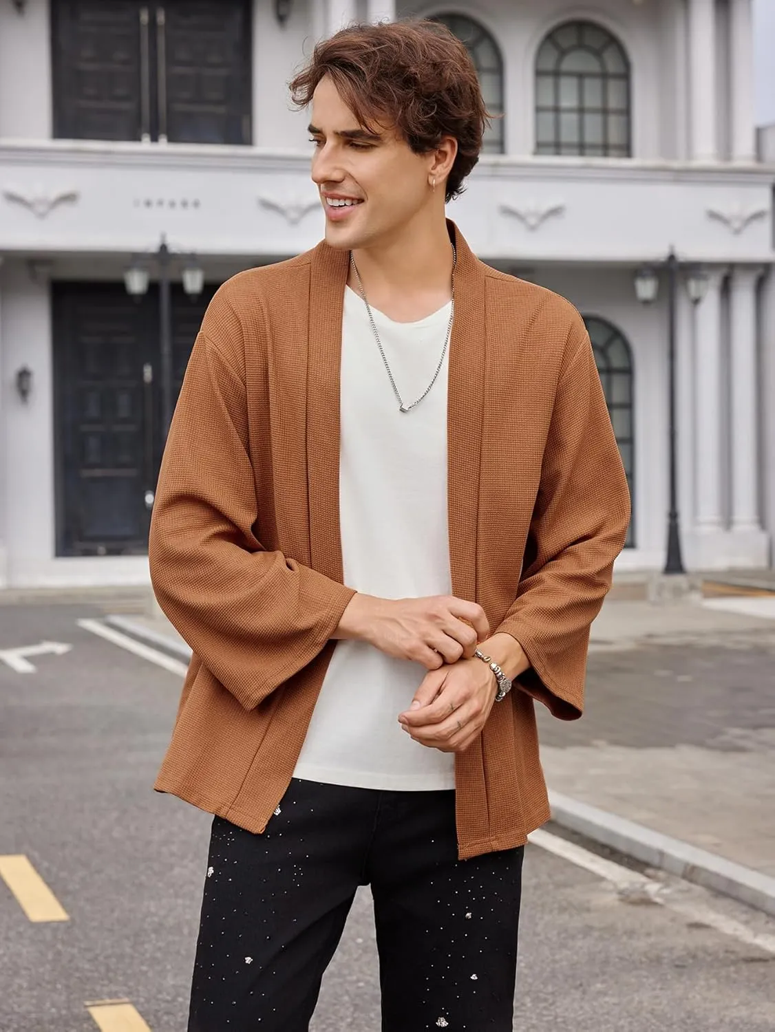 OYOANGLE Men's Japanese Rib Knit Kimono Cardigan Jackets Long Sleeve Open Front Coat Yukata Outwear