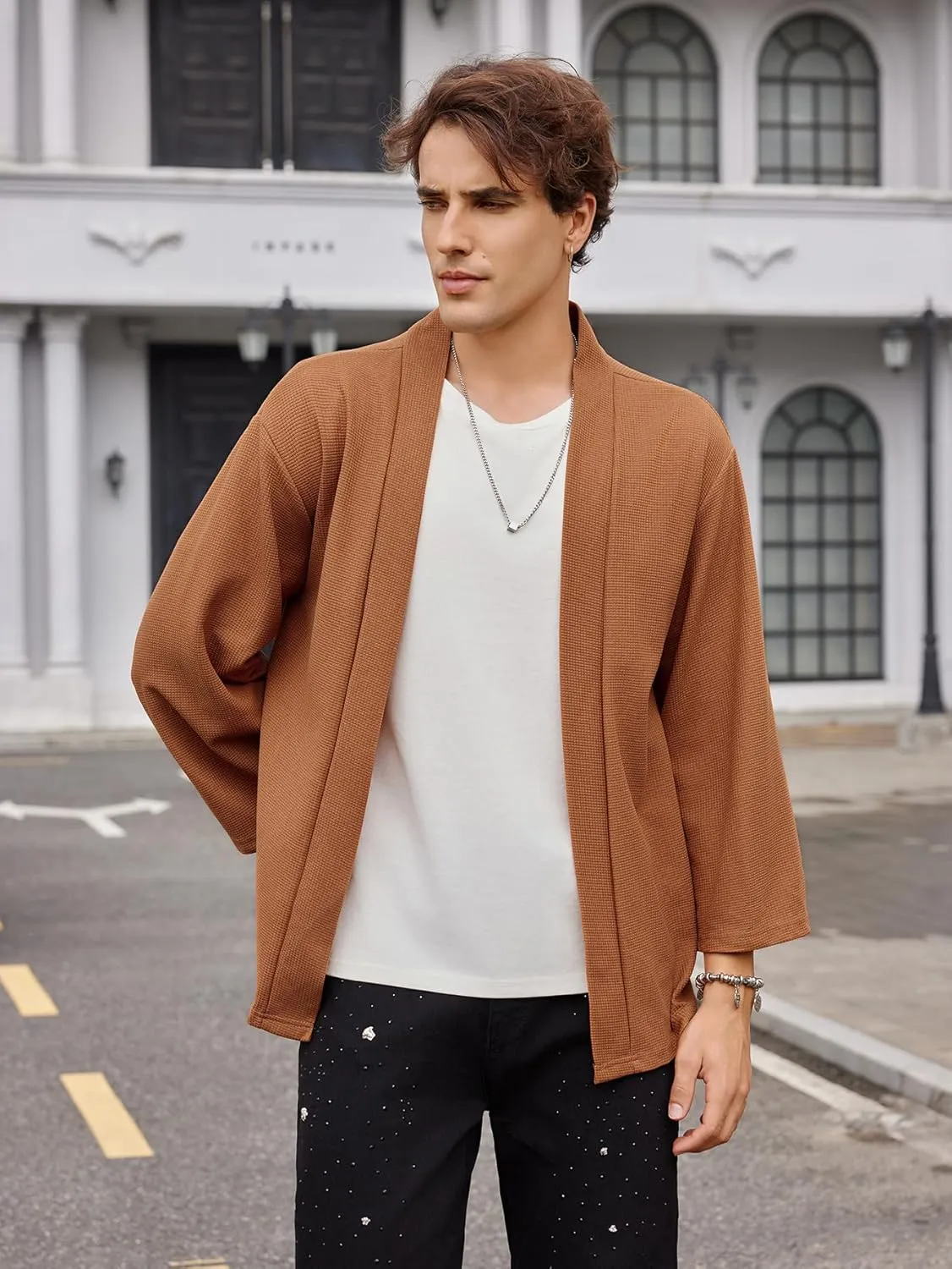 OYOANGLE Men's Japanese Rib Knit Kimono Cardigan Jackets Long Sleeve Open Front Coat Yukata Outwear