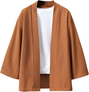 OYOANGLE Men's Japanese Rib Knit Kimono Cardigan Jackets Long Sleeve Open Front Coat Yukata Outwear