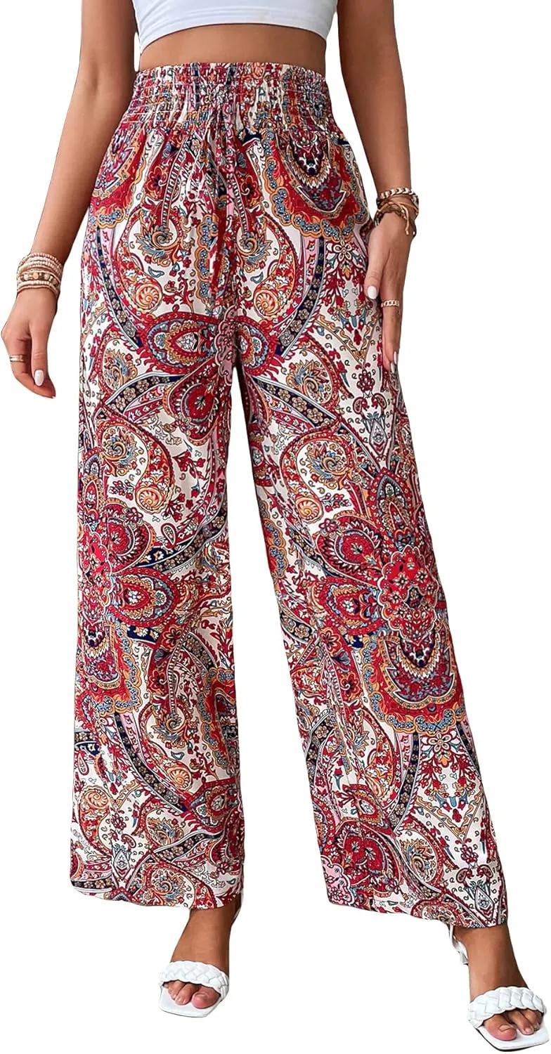 OYOANGLE Women's Boho Paisley Print High Elastic Waist Loose Wide Leg Pants Palazzo Trousers
