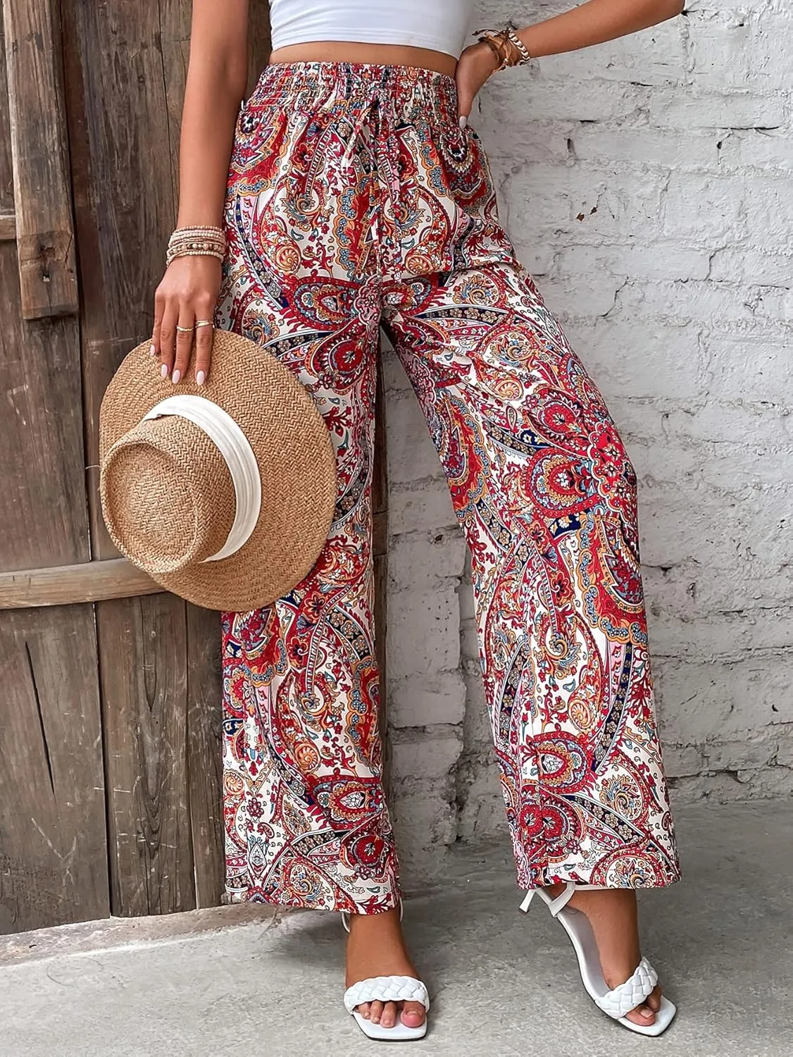 OYOANGLE Women's Boho Paisley Print High Elastic Waist Loose Wide Leg Pants Palazzo Trousers
