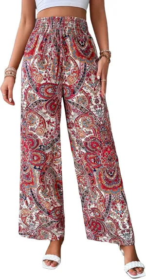 OYOANGLE Women's Boho Paisley Print High Elastic Waist Loose Wide Leg Pants Palazzo Trousers