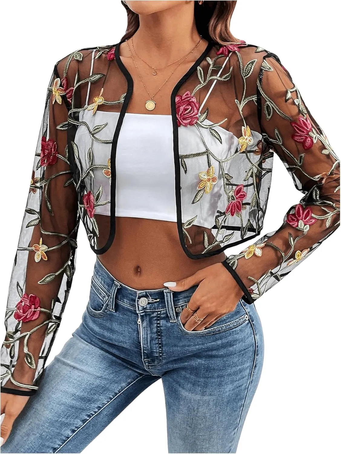 OYOANGLE Women's Floral Embroidered Open Front Crop Jackets Long Sleeve Mesh Summer Cardigan Tops
