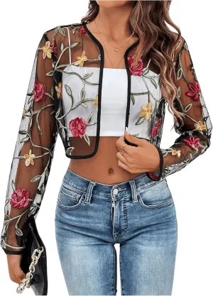 OYOANGLE Women's Floral Embroidered Open Front Crop Jackets Long Sleeve Mesh Summer Cardigan Tops