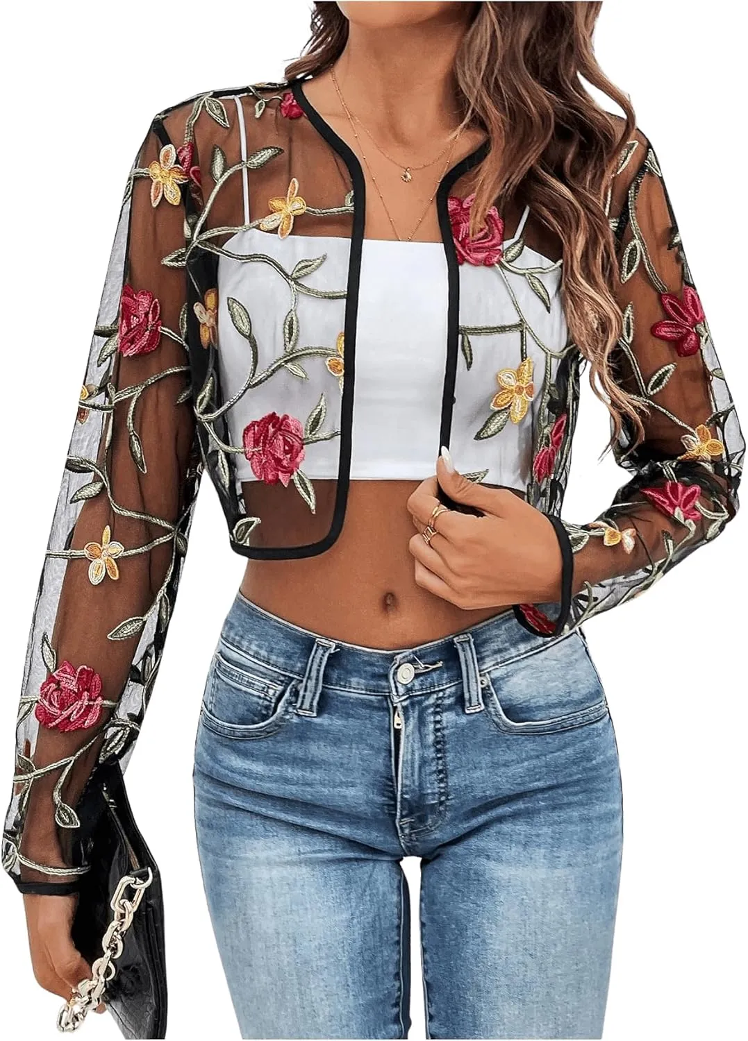 OYOANGLE Women's Floral Embroidered Open Front Crop Jackets Long Sleeve Mesh Summer Cardigan Tops