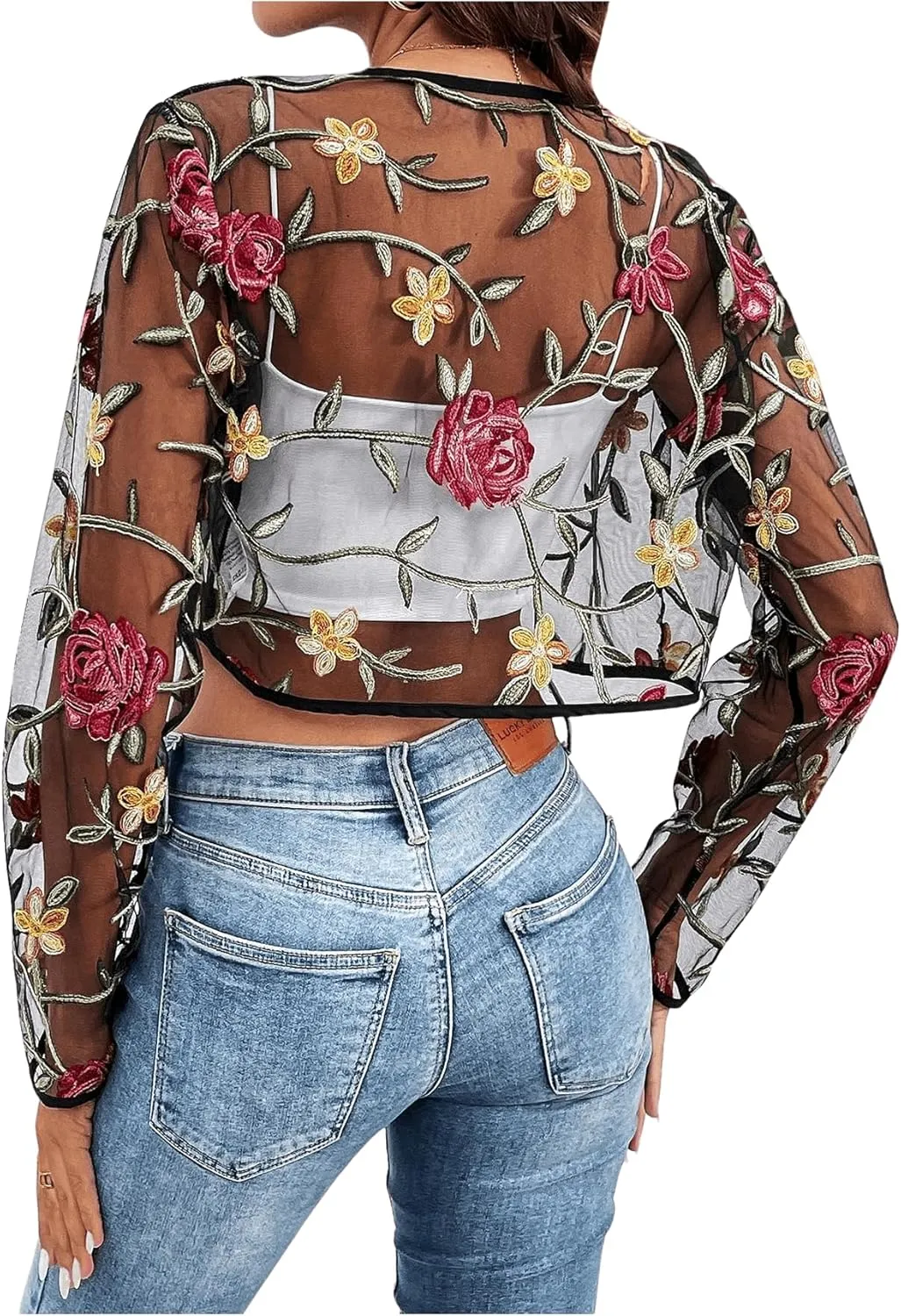 OYOANGLE Women's Floral Embroidered Open Front Crop Jackets Long Sleeve Mesh Summer Cardigan Tops