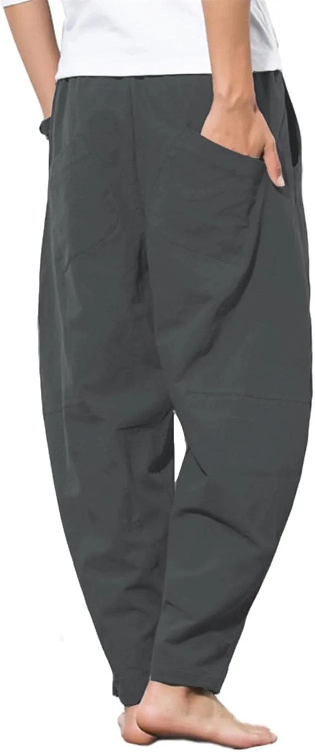 PACEIADTA Men's Cotton Linen Drawstring Pants Elastic Waist Casual Summer Beach Pants